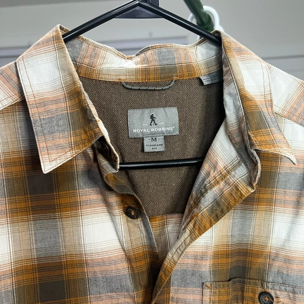 ROYAL ROBBINS Orange Checkered Button Down Shirt Cotton Long Sleeve size Medium - Picture 3 of 8